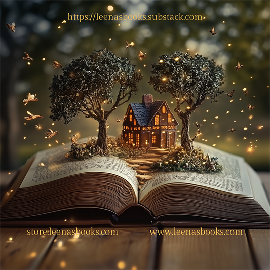 An open book with a little house and two trees in 3D on top of the spread, symbolising the worlds reading can take us.